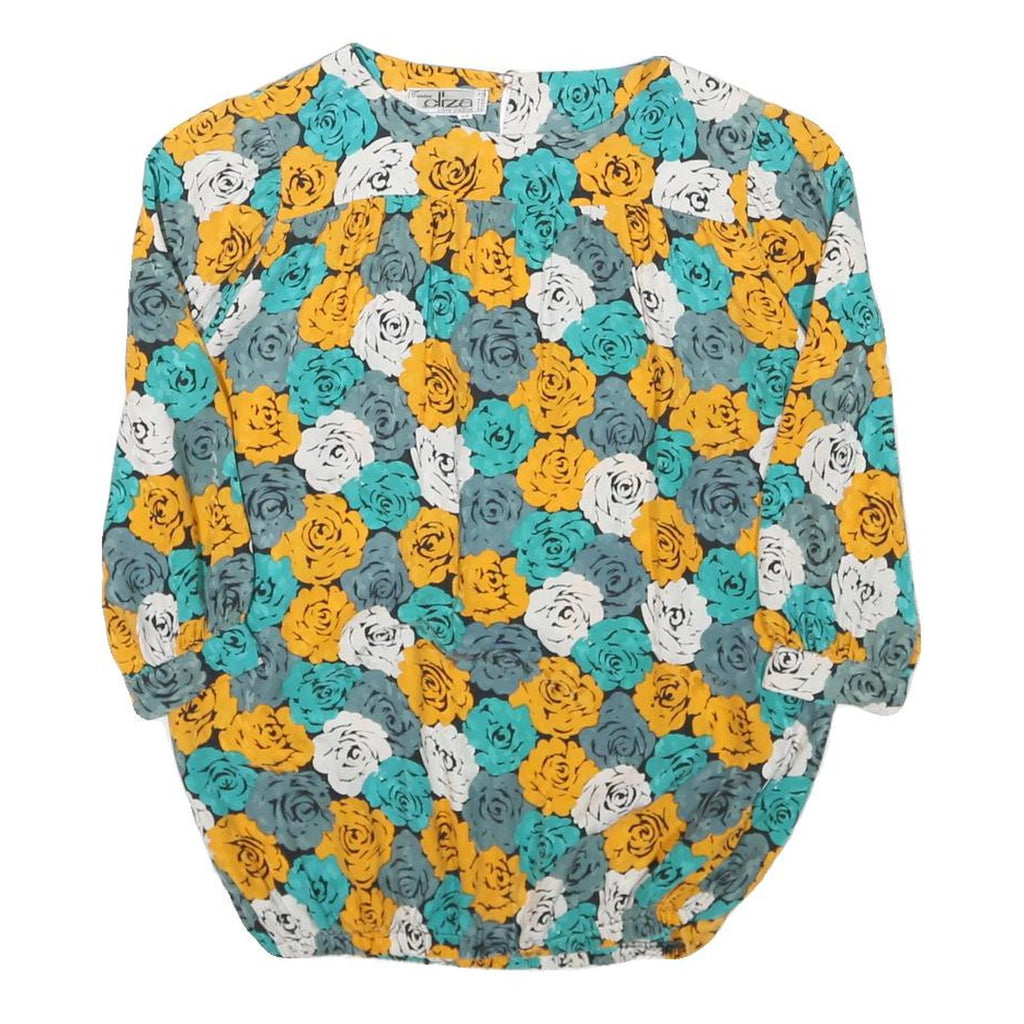 CLIZA Womens Yellow & Teal Floral Blouse Long Sleeve Round Neck Size S Elegant