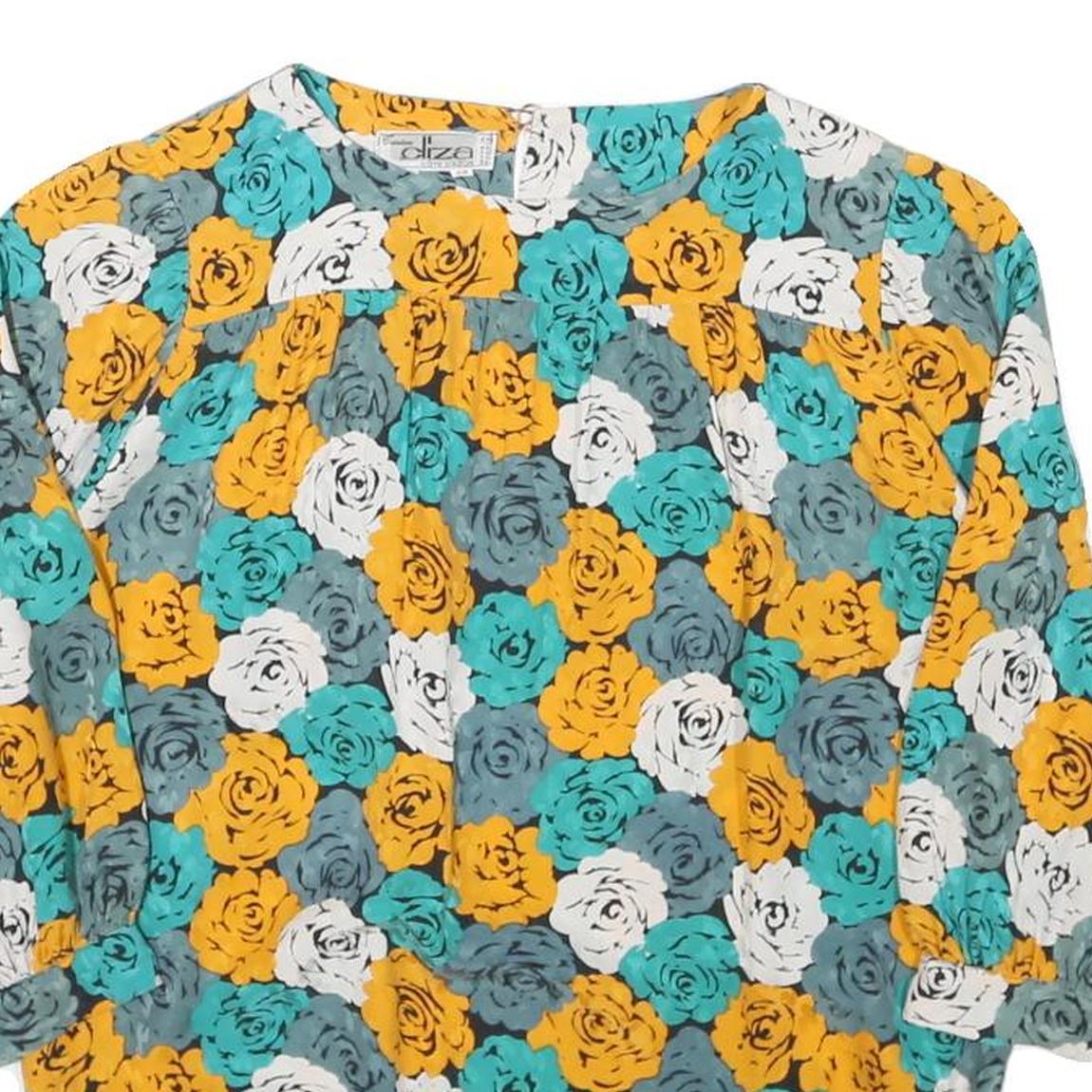 CLIZA Womens Yellow & Teal Floral Blouse Long Sleeve Round Neck Size S Elegant