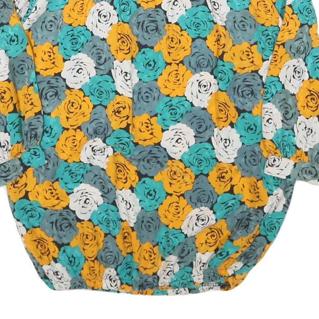 CLIZA Womens Yellow & Teal Floral Blouse Long Sleeve Round Neck Size S Elegant