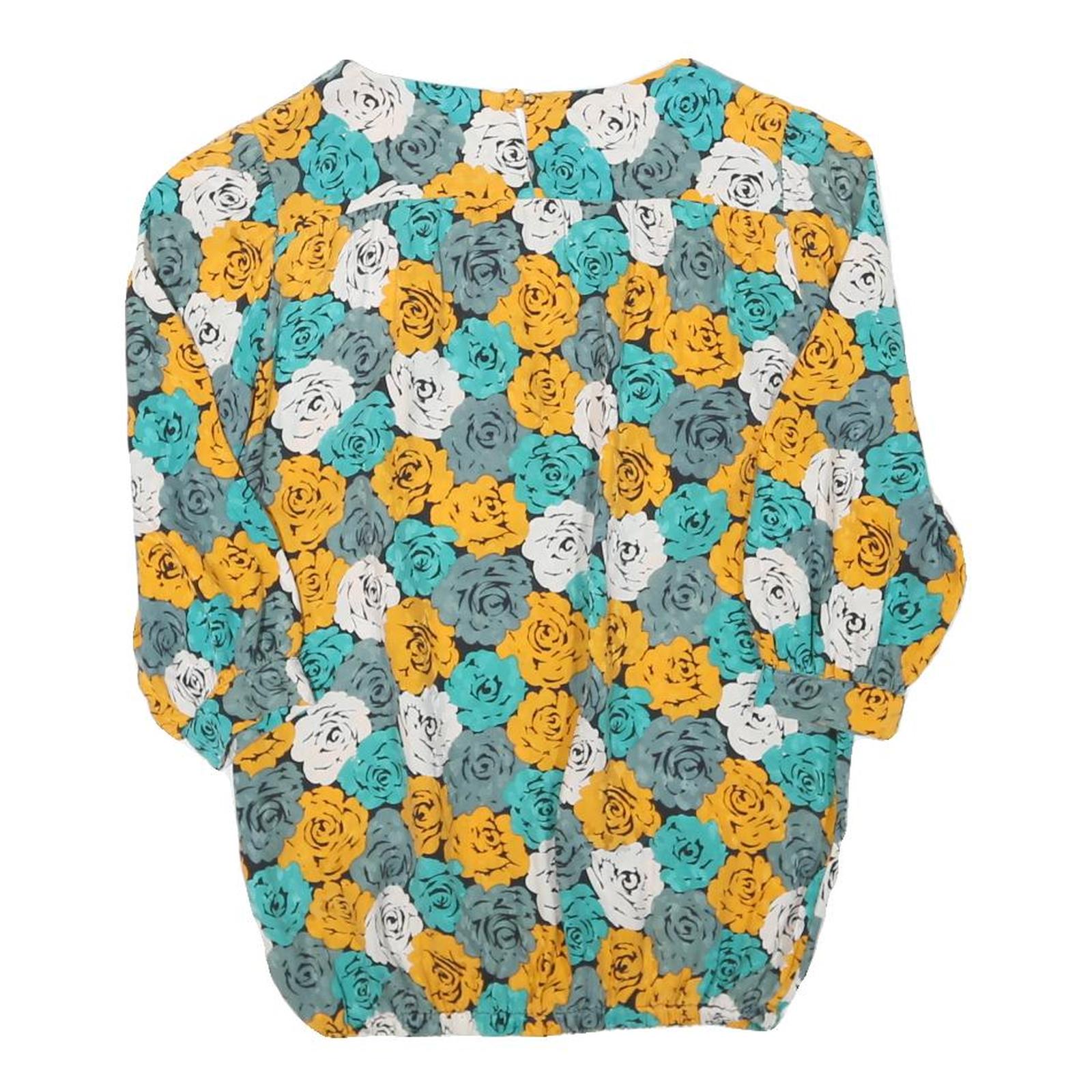 CLIZA Womens Yellow & Teal Floral Blouse Long Sleeve Round Neck Size S Elegant