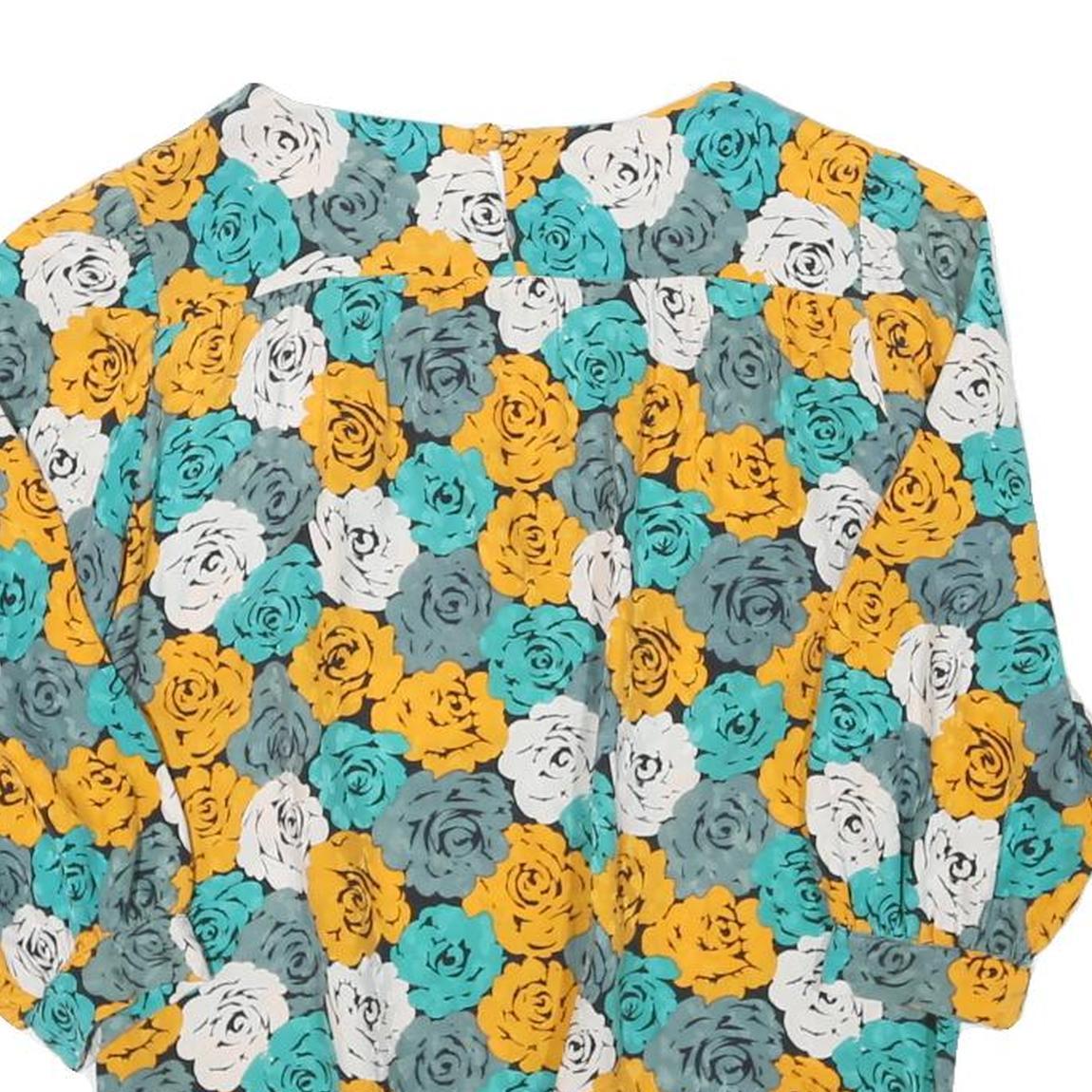 CLIZA Womens Yellow & Teal Floral Blouse Long Sleeve Round Neck Size S Elegant