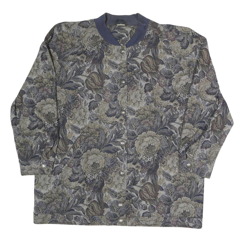 Womens Blue & Grey Floral Button Jacket XL Polyester Blend Woven Bomber Style