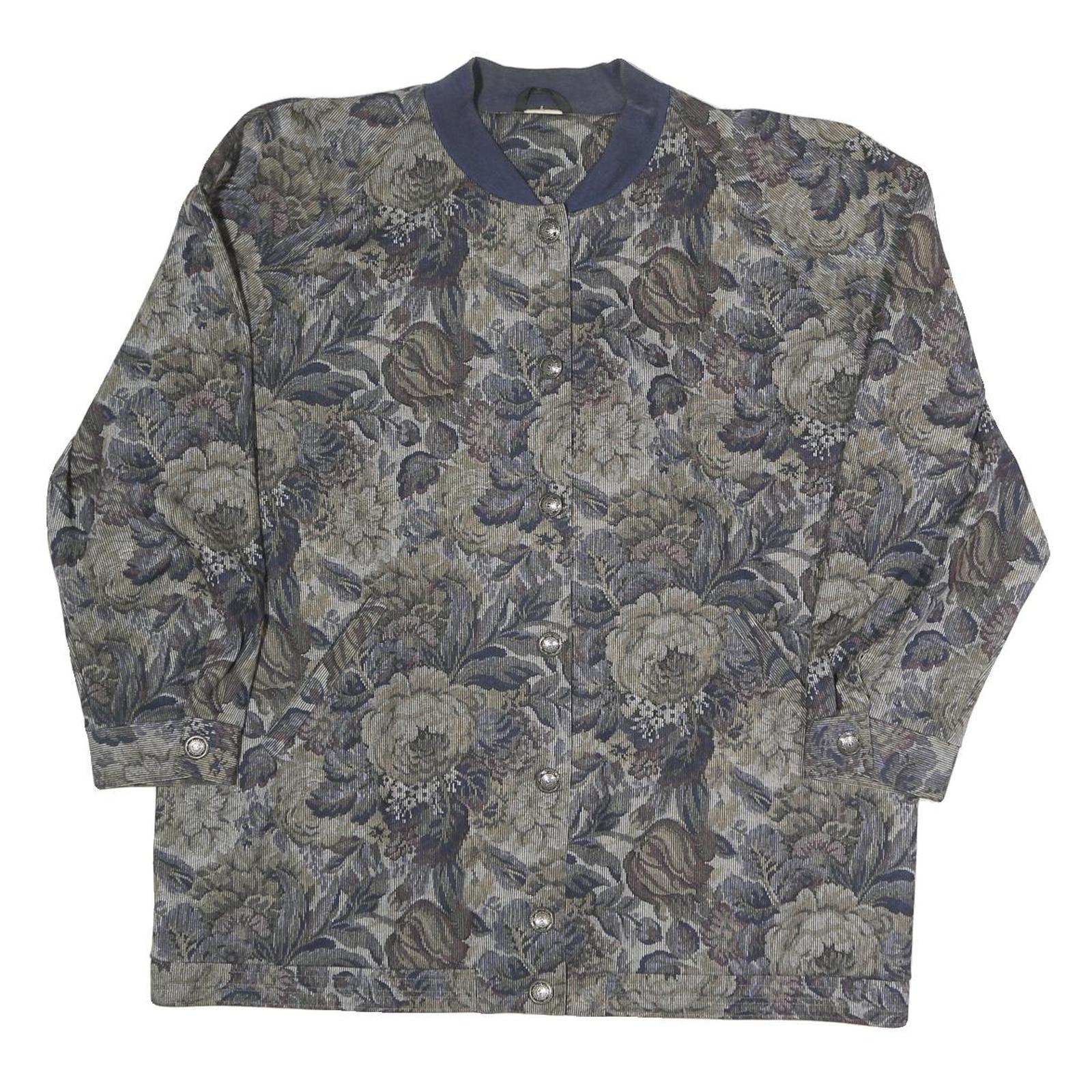 Womens Blue & Grey Floral Button Jacket XL Polyester Blend Woven Bomber Style