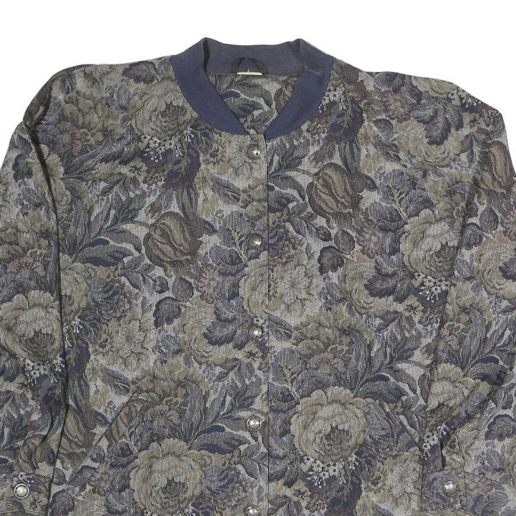 Womens Blue & Grey Floral Button Jacket XL Polyester Blend Woven Bomber Style