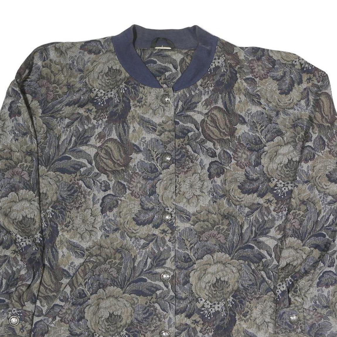 Womens Blue & Grey Floral Button Jacket XL Polyester Blend Woven Bomber Style