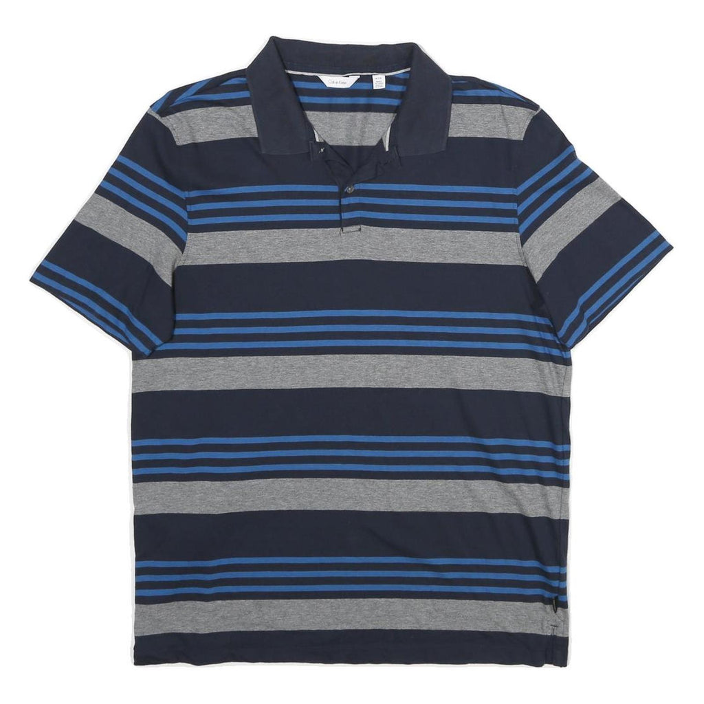 CALVIN KLEIN Mens Navy Blue & Grey Striped Short Sleeve Polo Shirt M Cotton