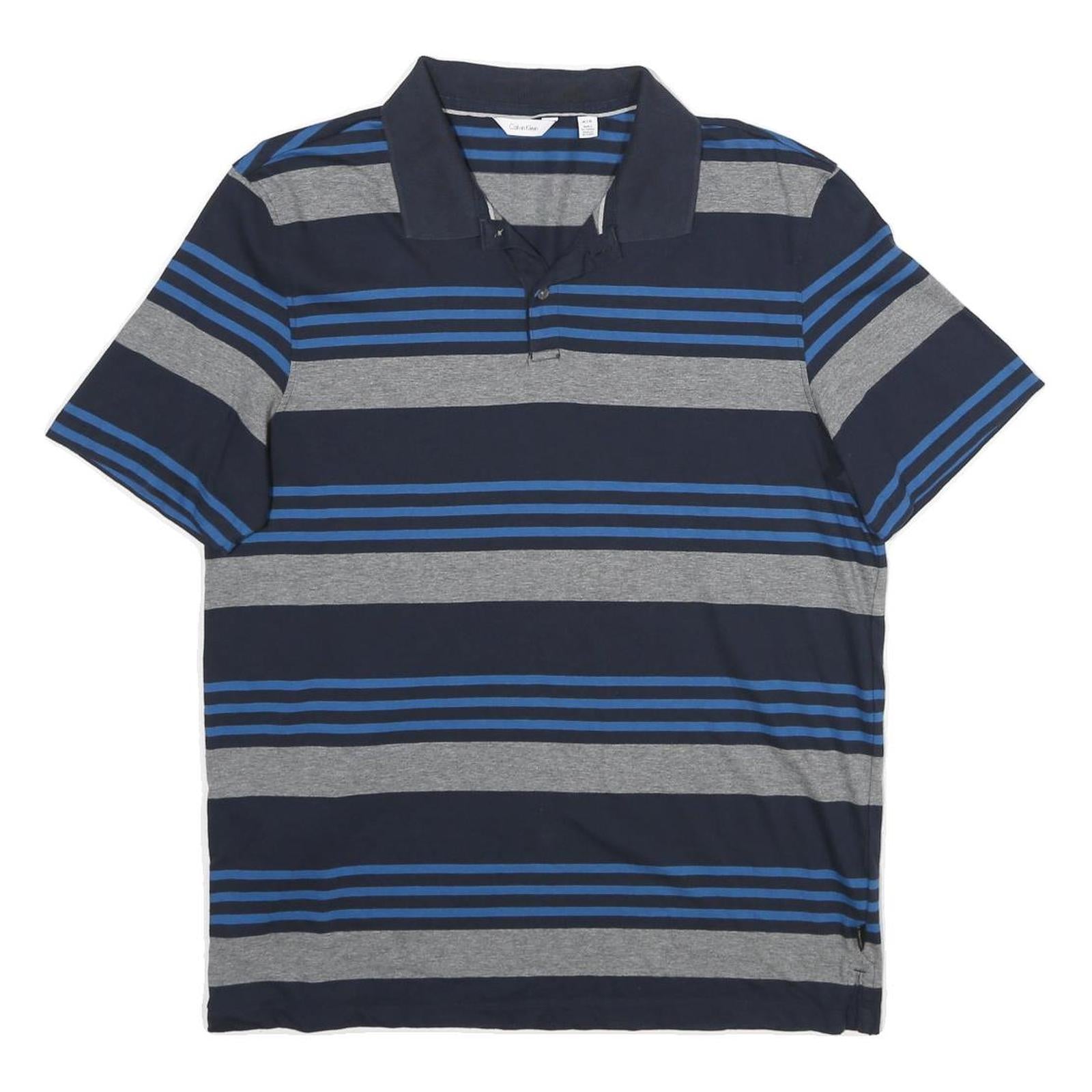 CALVIN KLEIN Mens Navy Blue & Grey Striped Short Sleeve Polo Shirt M Cotton