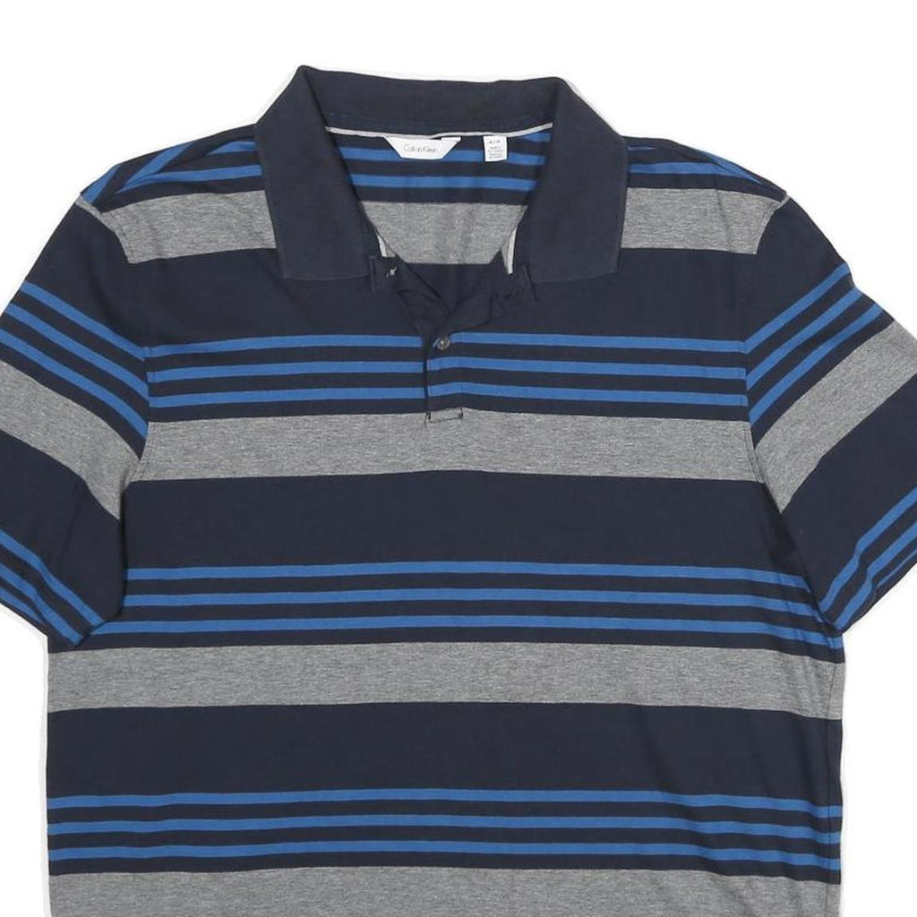 CALVIN KLEIN Mens Navy Blue & Grey Striped Short Sleeve Polo Shirt M Cotton