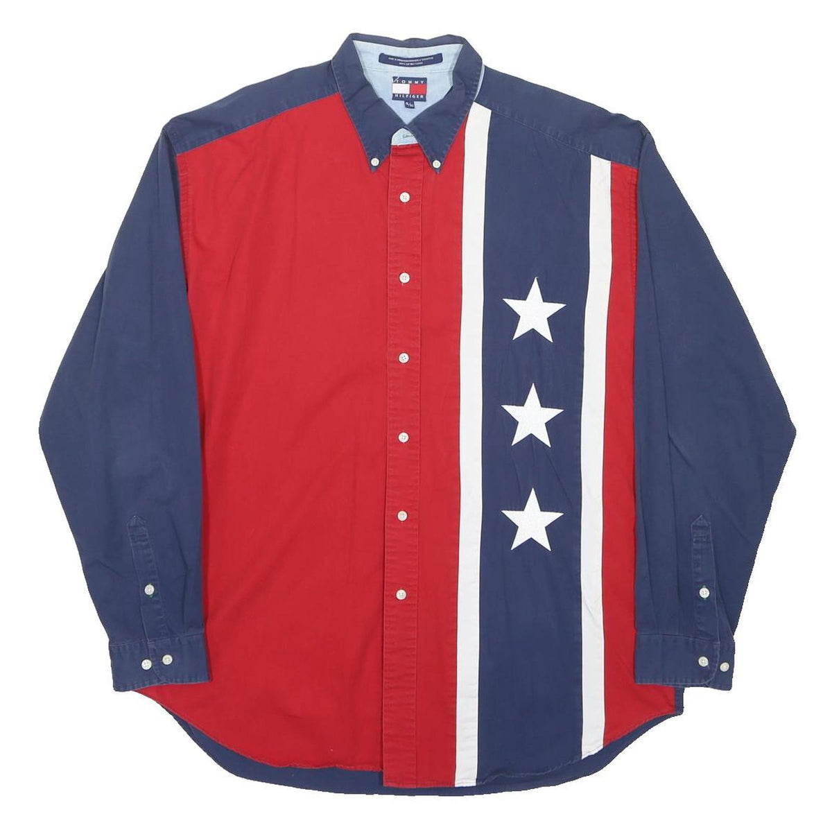 TOMMY HILFIGER Mens Blue & Red Stars Cotton Shirt XL Button Down Casual Long
