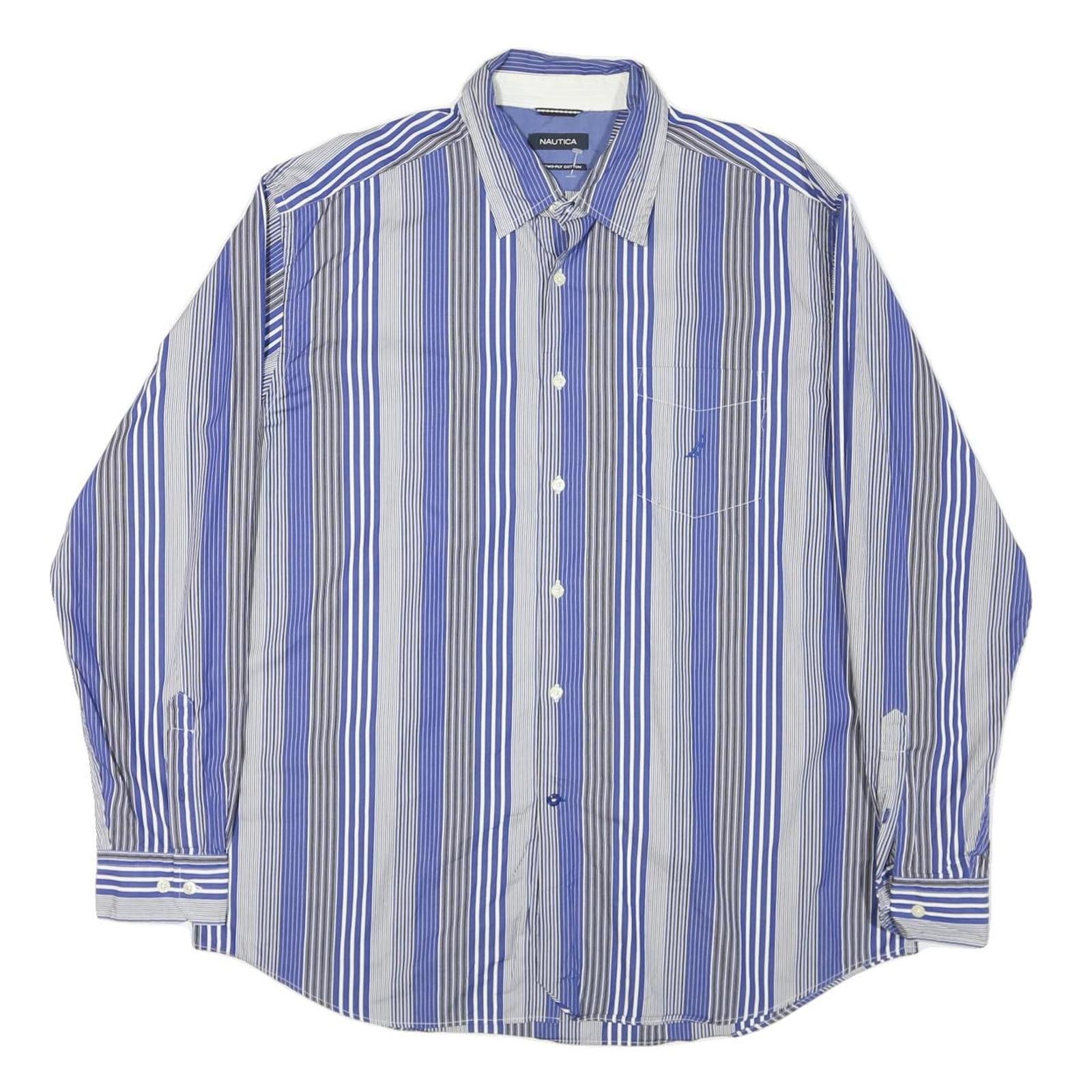 NAUTICA Mens Blue & Grey Stripe Shirt XL Cotton Blend Long Sleeve Casual
