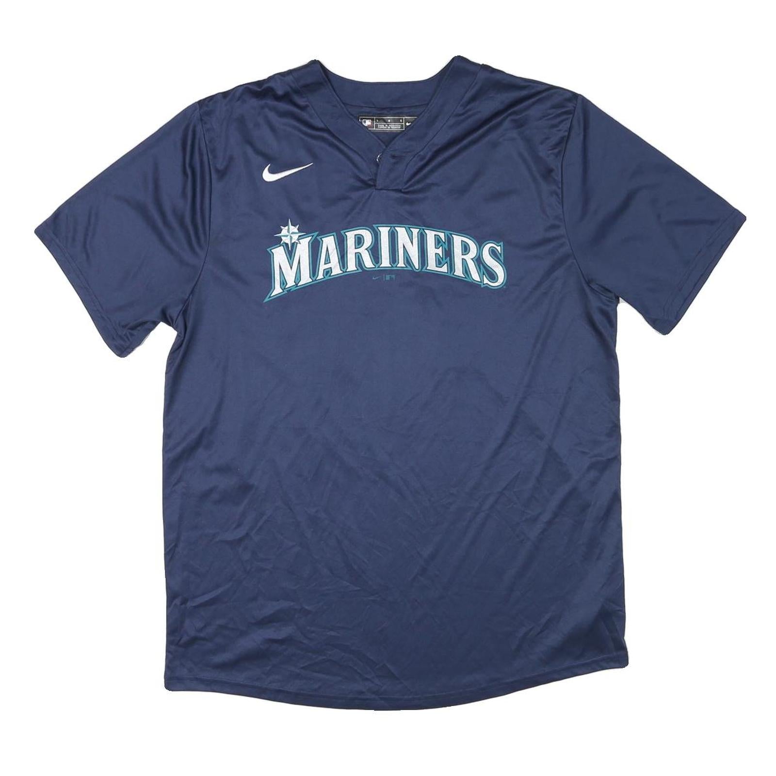 NIKE Mens Blue Mariners Baseball T-Shirt L Short Sleeve V-Neck Sports Jersey