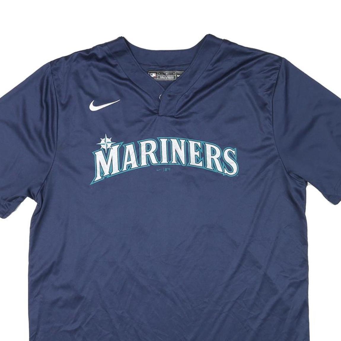NIKE Mens Blue Mariners Baseball T-Shirt L Short Sleeve V-Neck Sports Jersey