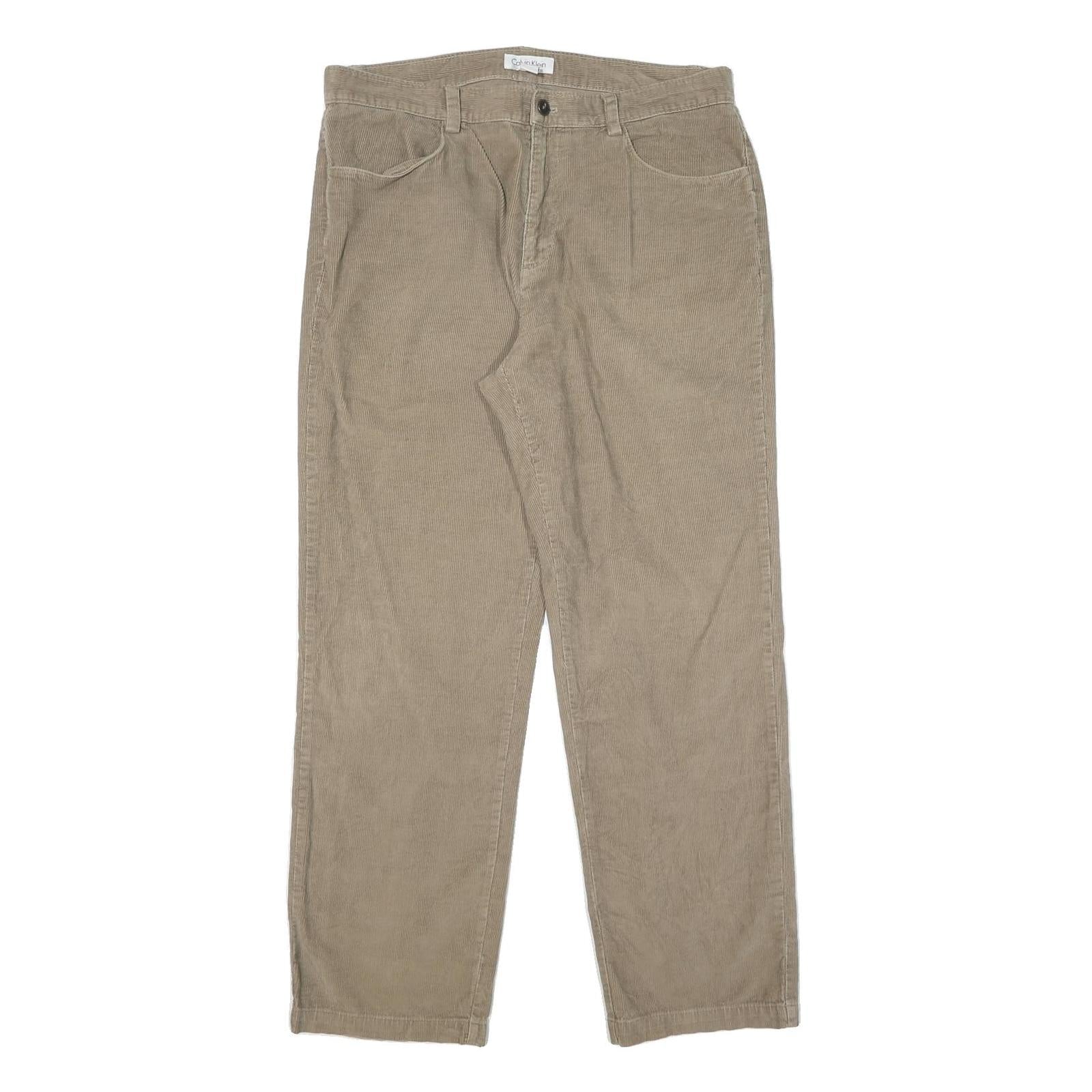 CALVIN KLEIN Mens Relaxed Beige Cotton Blend Trousers W36 L32 Casual Zip Closure
