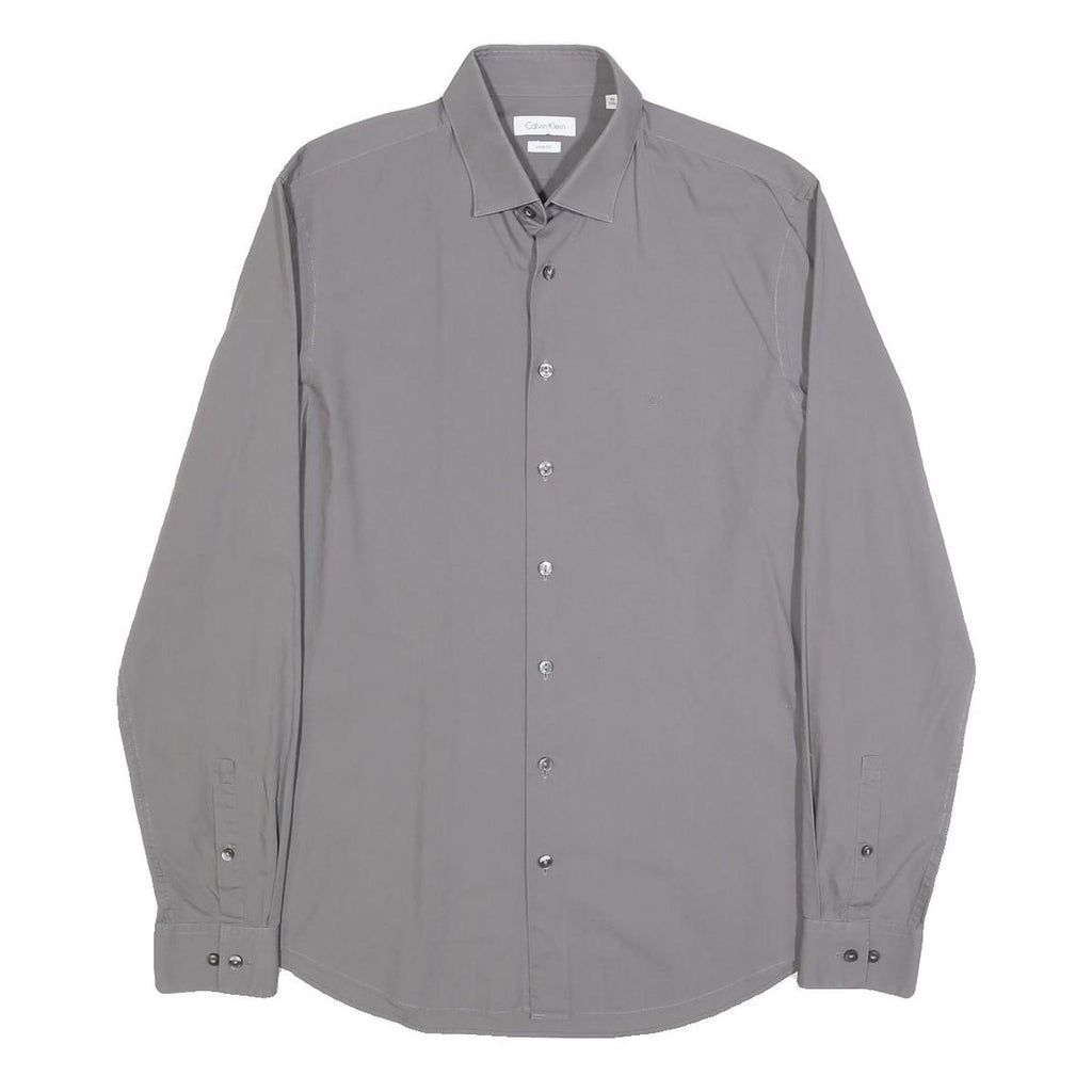 CALVIN KLEIN Mens Grey Plain Shirt S Cotton Blend Casual Button Down Long Sleeve