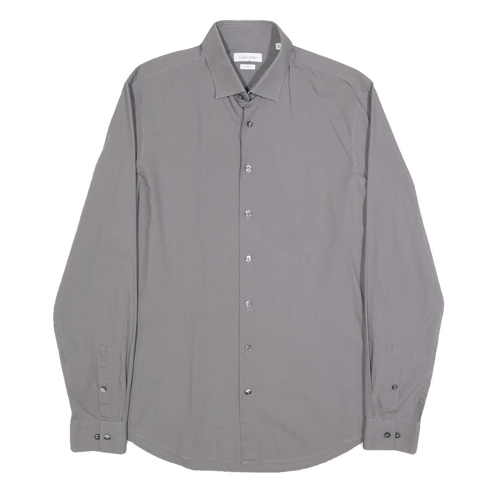CALVIN KLEIN Mens Grey Plain Shirt S Cotton Blend Casual Button Down Long Sleeve