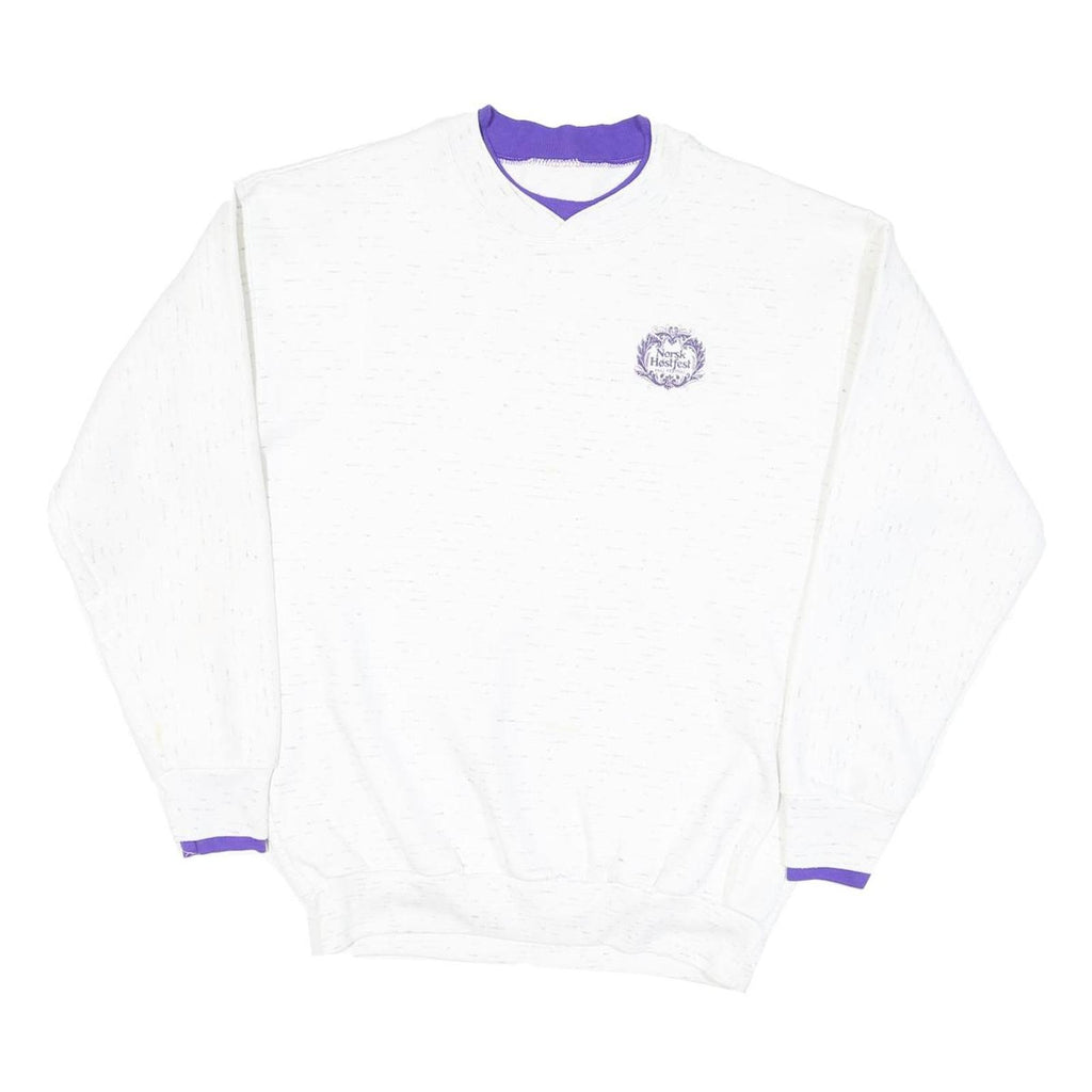 Mens White Sweatshirt Cotton Blend V-Neck M Purple Trim Casual Pullover
