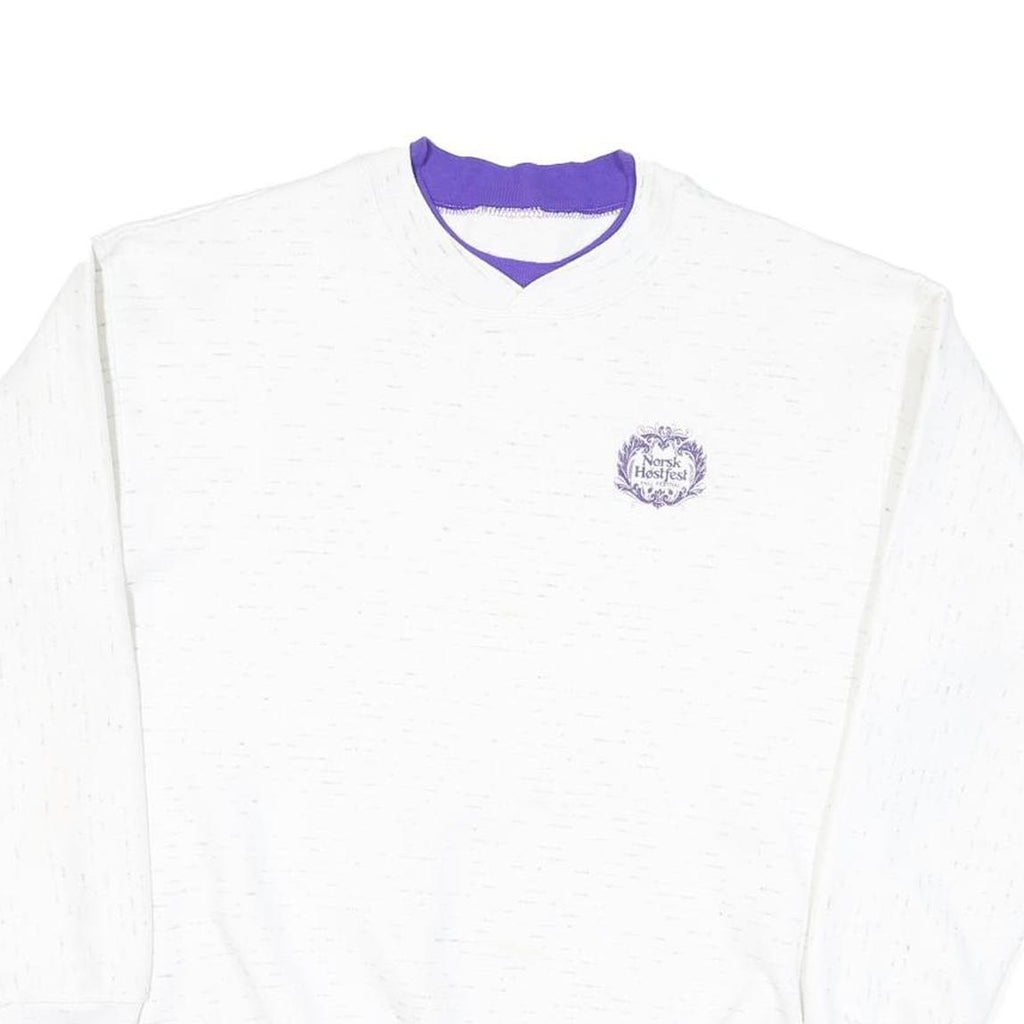 Mens White Sweatshirt Cotton Blend V-Neck M Purple Trim Casual Pullover