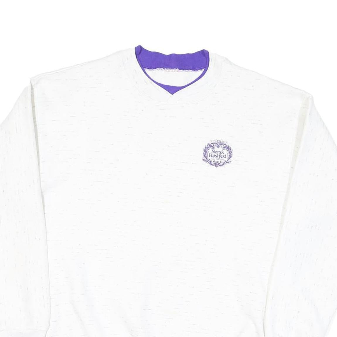 Mens White Sweatshirt Cotton Blend V-Neck M Purple Trim Casual Pullover