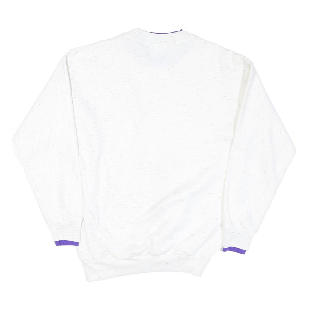 Mens White Sweatshirt Cotton Blend V-Neck M Purple Trim Casual Pullover