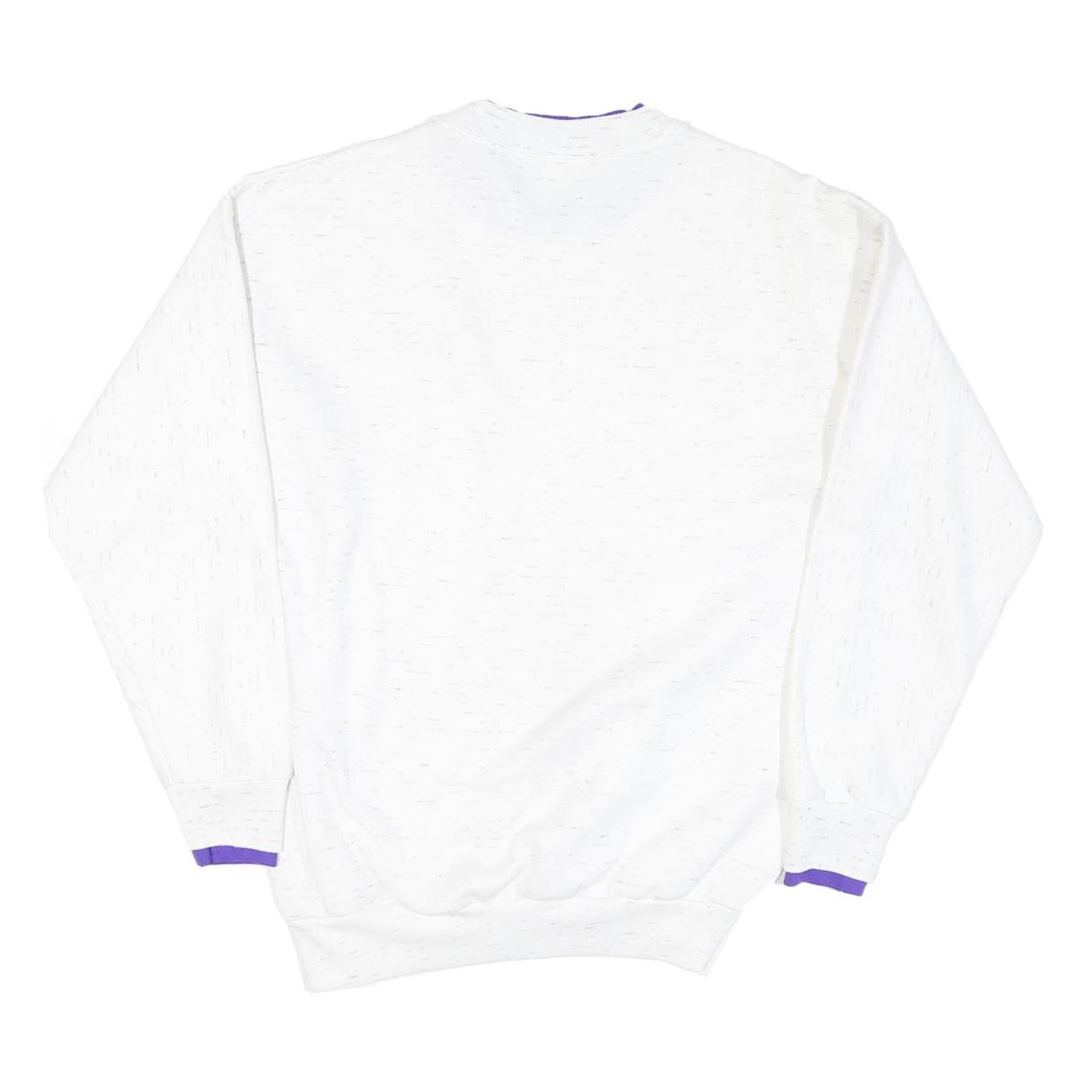 Mens White Sweatshirt Cotton Blend V-Neck M Purple Trim Casual Pullover