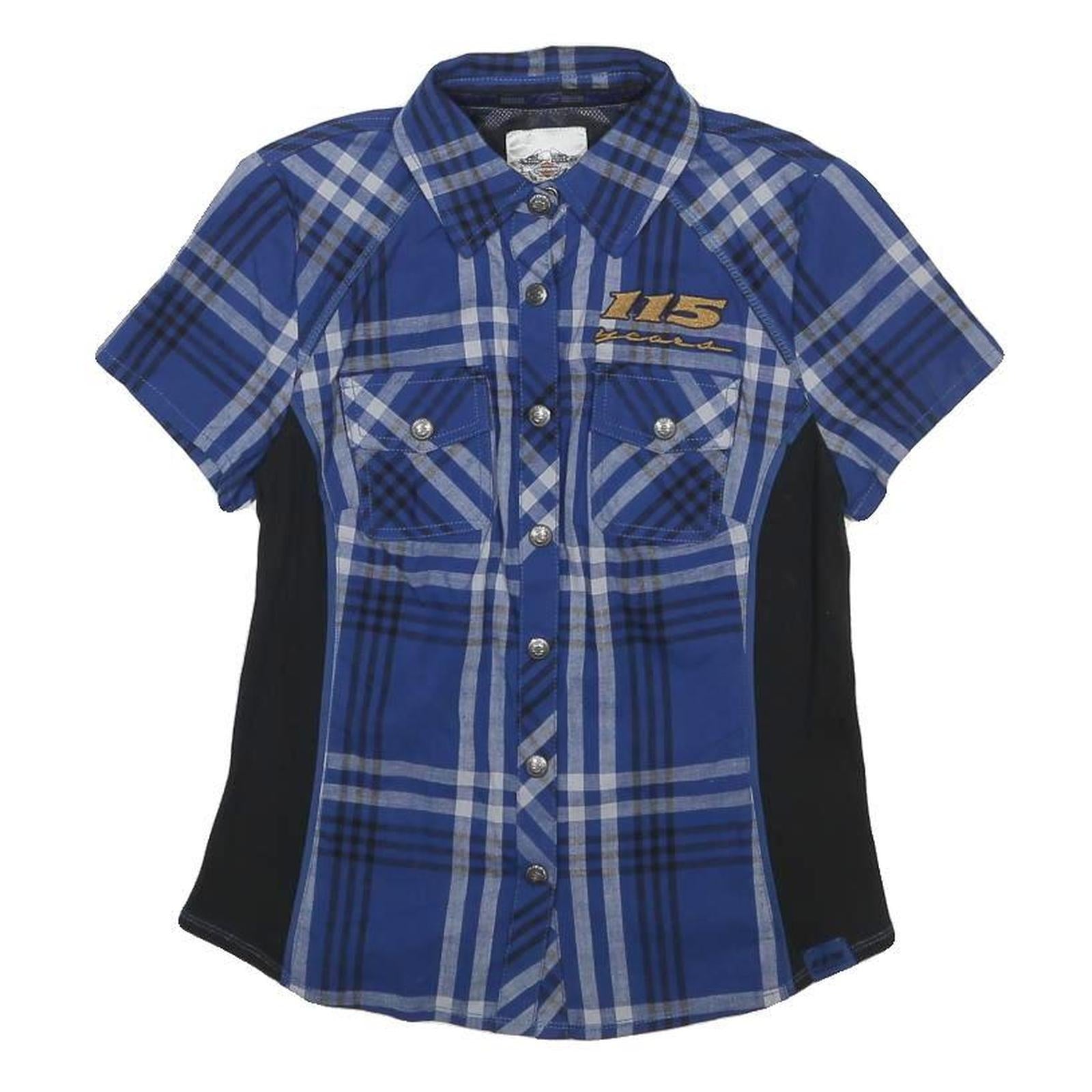 HARLEY DAVIDSON Womens Blue & Black Check Shirt XS 115 Years Logo Cotton Short