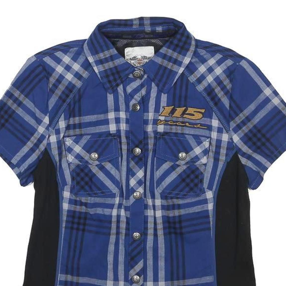 HARLEY DAVIDSON Womens Blue & Black Check Shirt XS 115 Years Logo Cotton Short