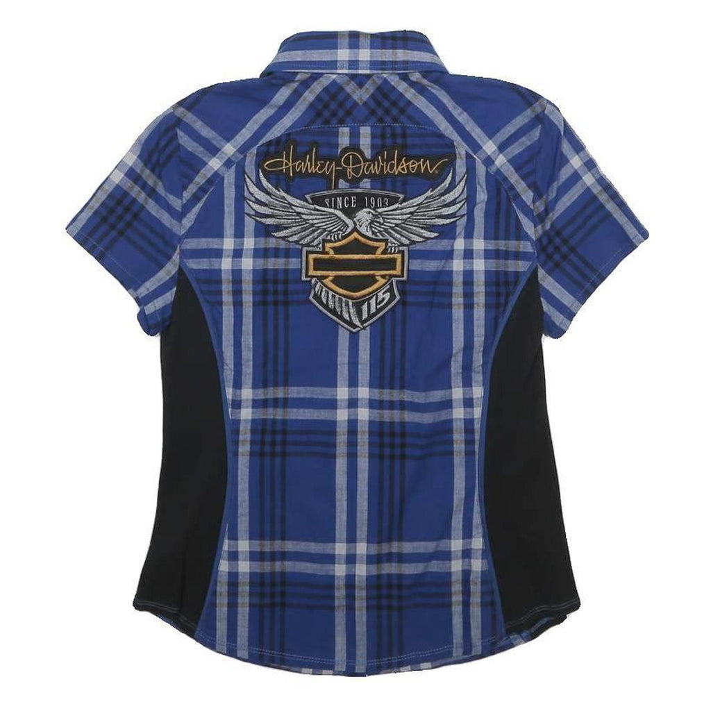 HARLEY DAVIDSON Womens Blue & Black Check Shirt XS 115 Years Logo Cotton Short