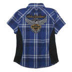 HARLEY DAVIDSON Womens Blue & Black Check Shirt XS 115 Years Logo Cotton Short