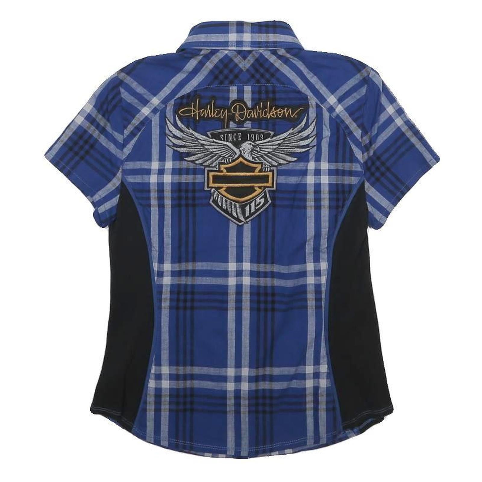 HARLEY DAVIDSON Womens Blue & Black Check Shirt XS 115 Years Logo Cotton Short