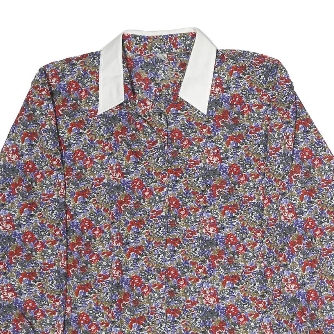 TRU Womens Red Blue Floral Print Shirt Long Sleeve Button Neck M Elegant Style