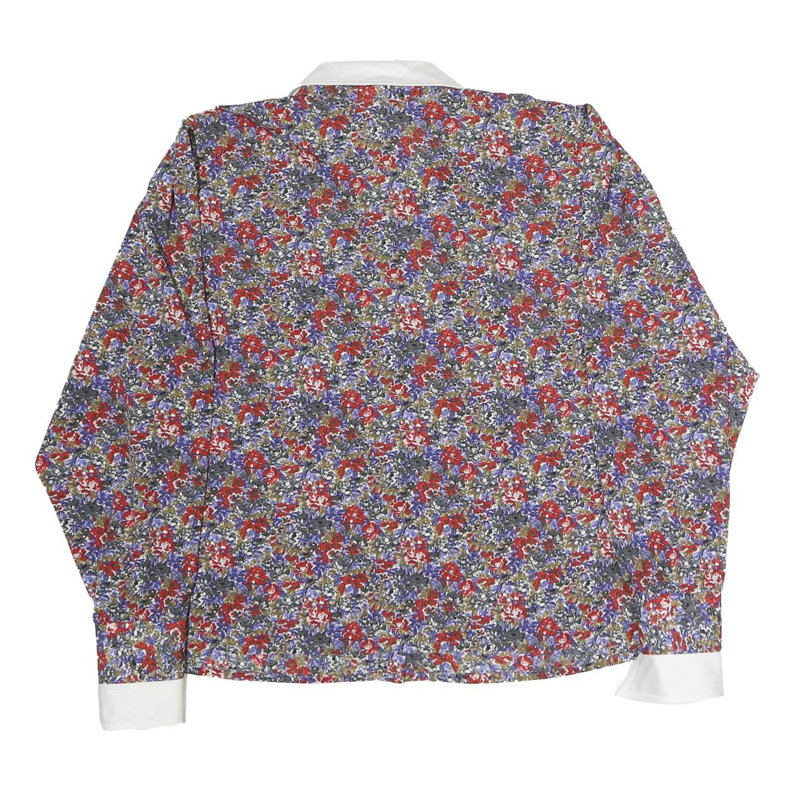 TRU Womens Red Blue Floral Print Shirt Long Sleeve Button Neck M Elegant Style