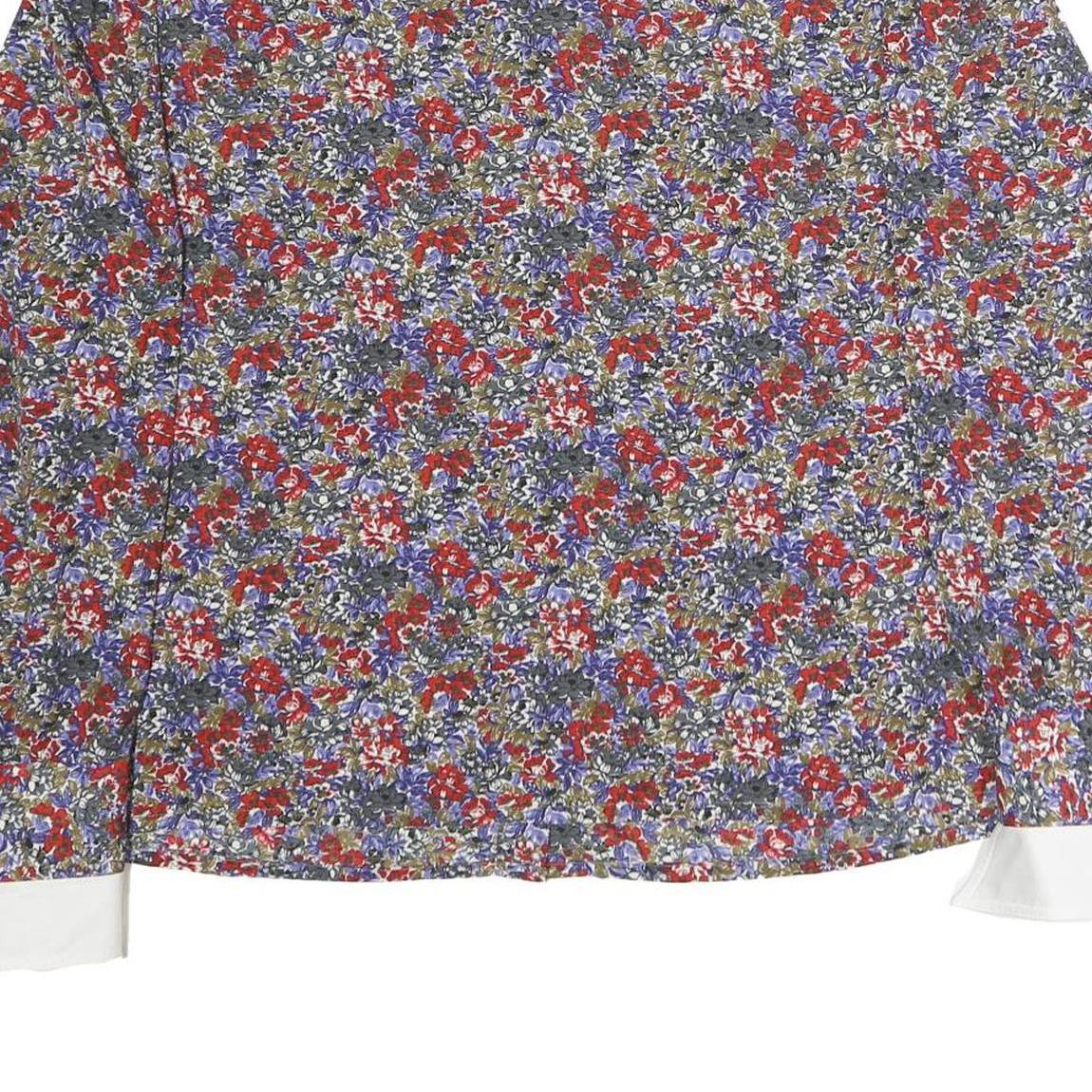 TRU Womens Red Blue Floral Print Shirt Long Sleeve Button Neck M Elegant Style