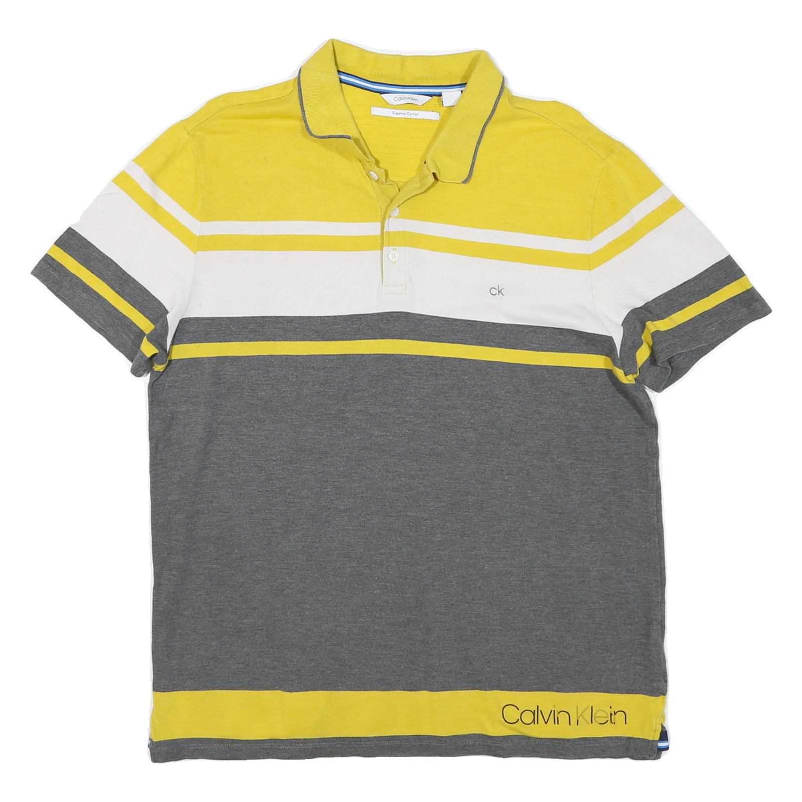 CALVIN KLEIN Mens Yellow & Grey Striped Short Sleeve Polo Shirt L Cotton Jersey