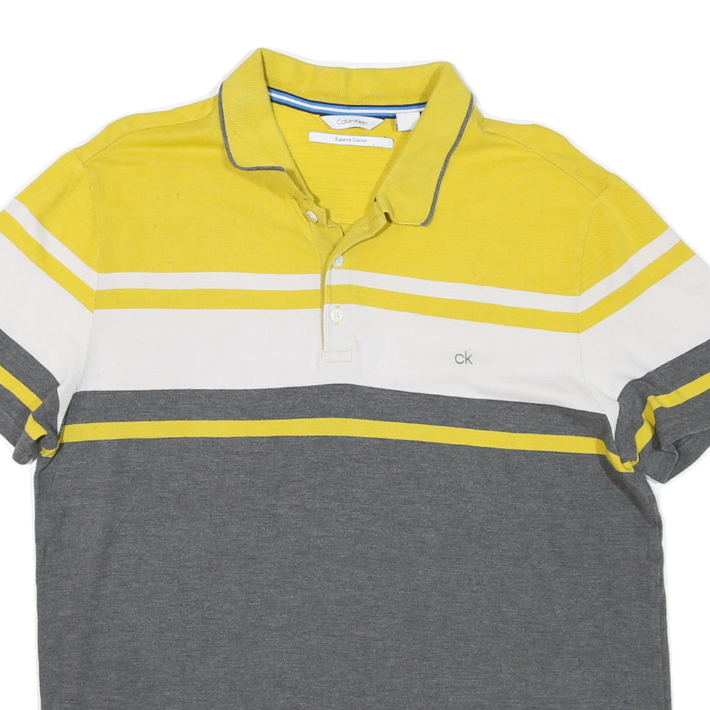 CALVIN KLEIN Mens Yellow & Grey Striped Short Sleeve Polo Shirt L Cotton Jersey