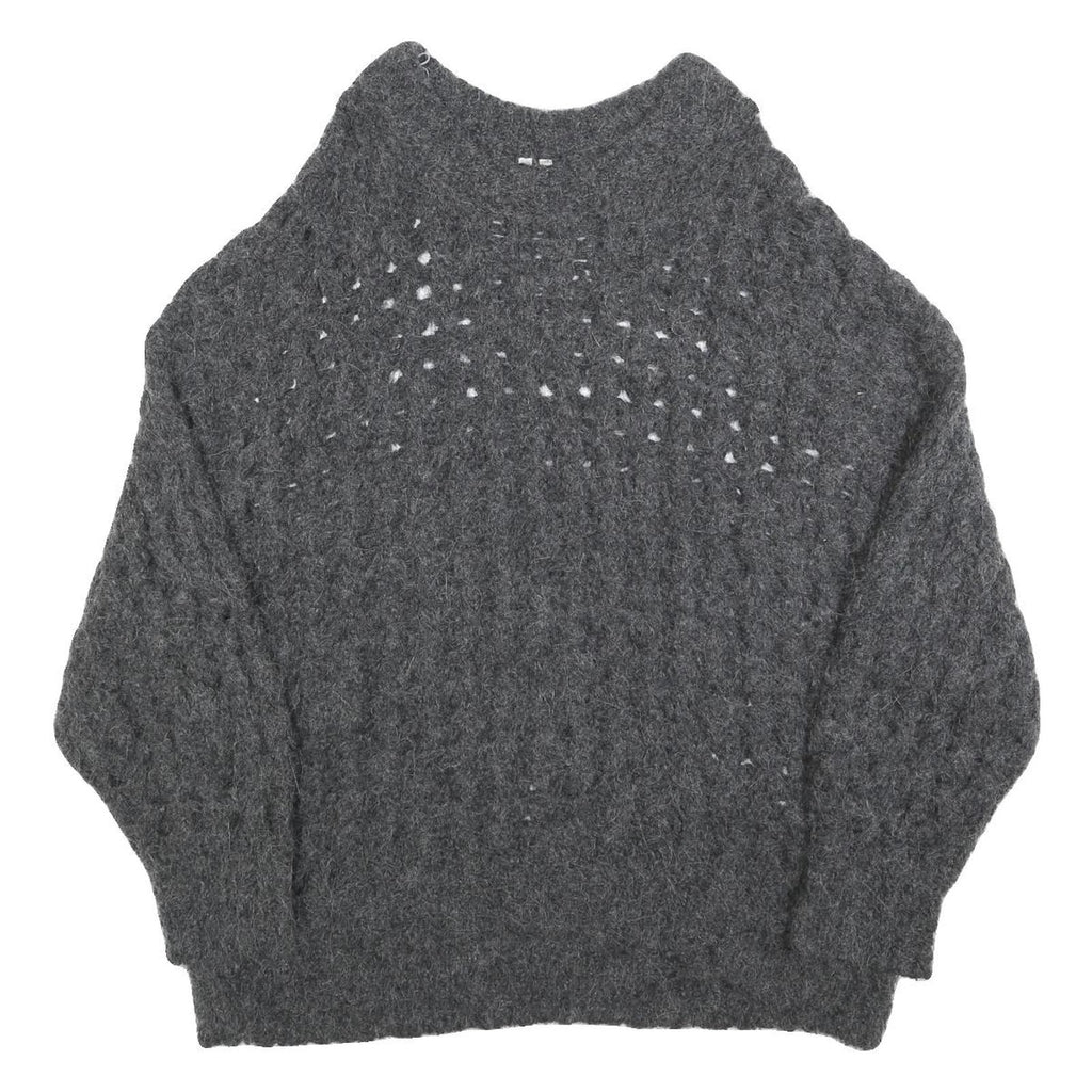 Womens Grey Patterned Cable Knit Crew Neck Wool Blend Jumper S Soft Warm
