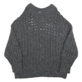 Womens Grey Patterned Cable Knit Crew Neck Wool Blend Jumper S Soft Warm