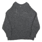 Womens Grey Patterned Cable Knit Crew Neck Wool Blend Jumper S Soft Warm