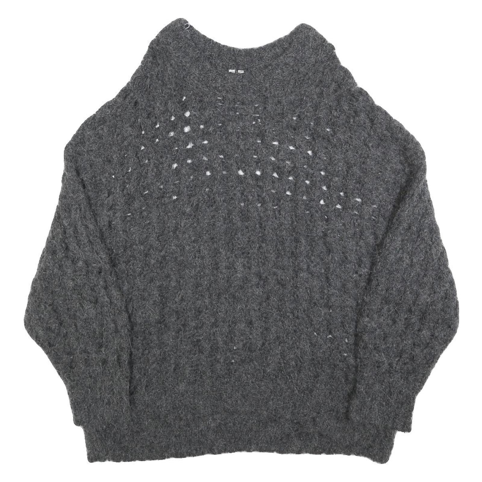 Womens Grey Patterned Cable Knit Crew Neck Wool Blend Jumper S Soft Warm