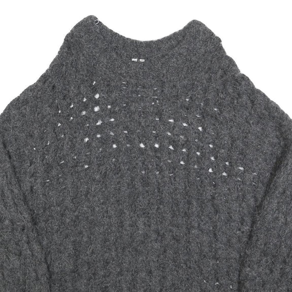Womens Grey Patterned Cable Knit Crew Neck Wool Blend Jumper S Soft Warm