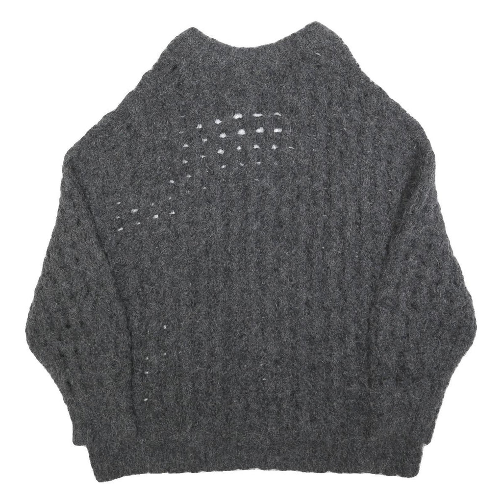 Womens Grey Patterned Cable Knit Crew Neck Wool Blend Jumper S Soft Warm