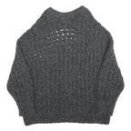 Womens Grey Patterned Cable Knit Crew Neck Wool Blend Jumper S Soft Warm