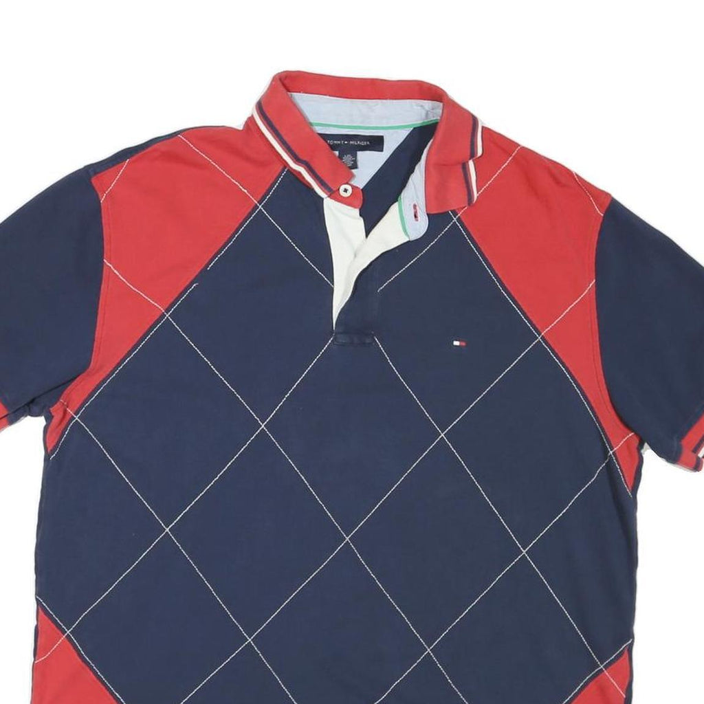 TOMMY HILFIGER Mens Blue & Red Short Sleeve Argyle Polo Shirt L Cotton Blend