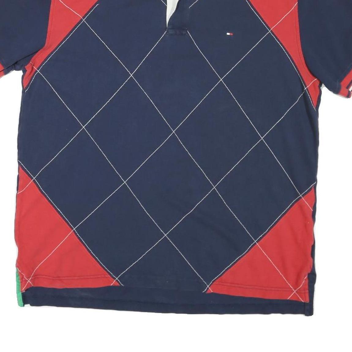 TOMMY HILFIGER Mens Blue & Red Short Sleeve Argyle Polo Shirt L Cotton Blend