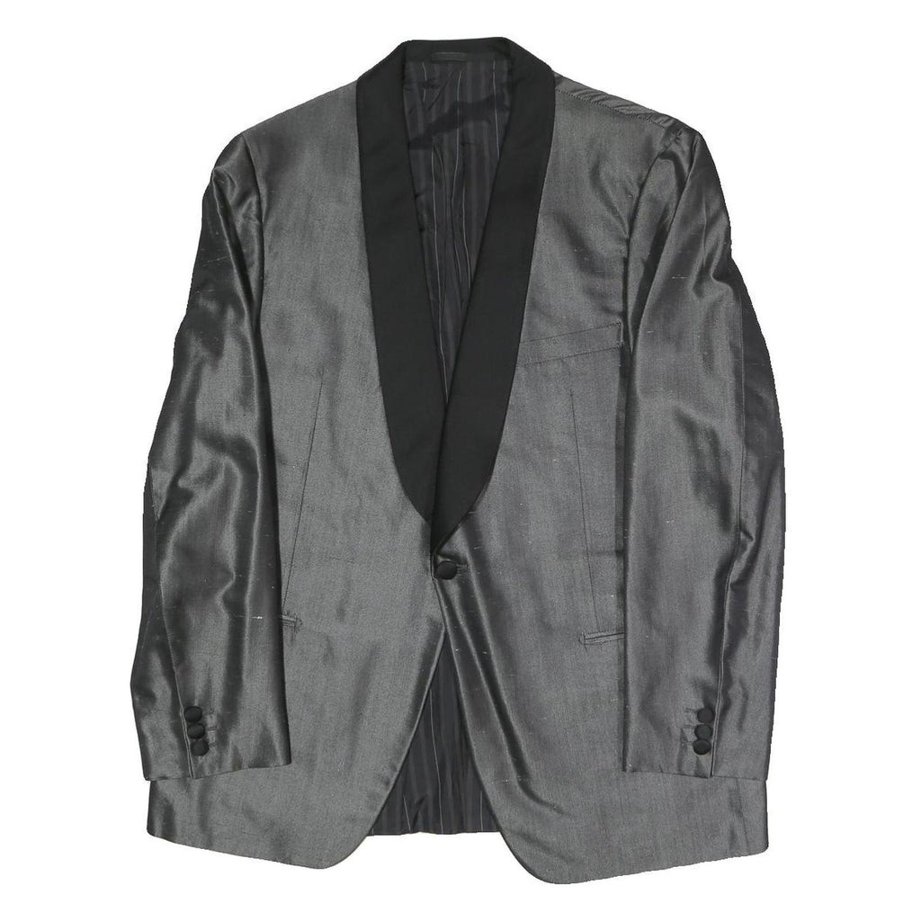 Mens Grey & Black Formal Button Jacket L Polyester Blend Shawl Collar Plain