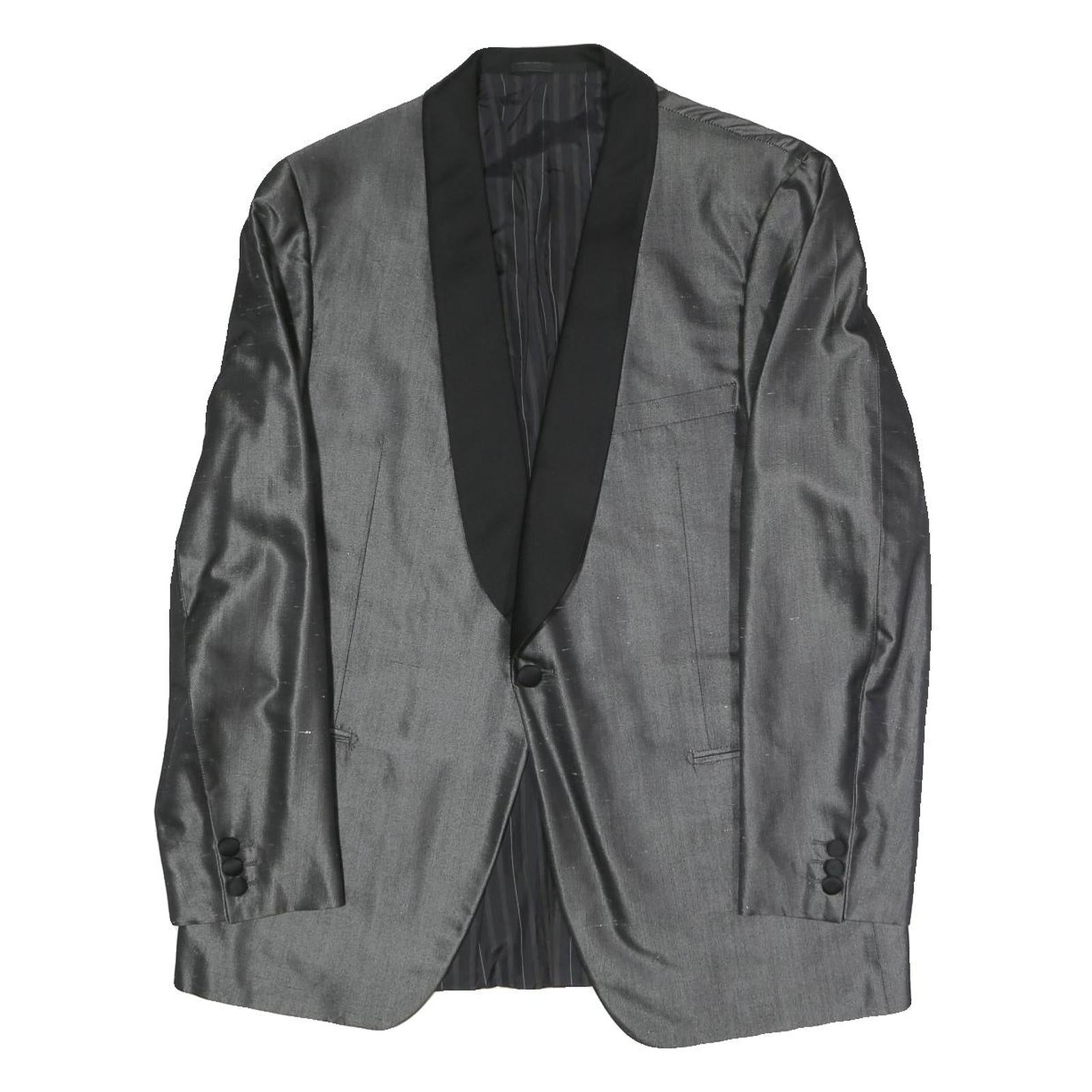 Mens Grey & Black Formal Button Jacket L Polyester Blend Shawl Collar Plain