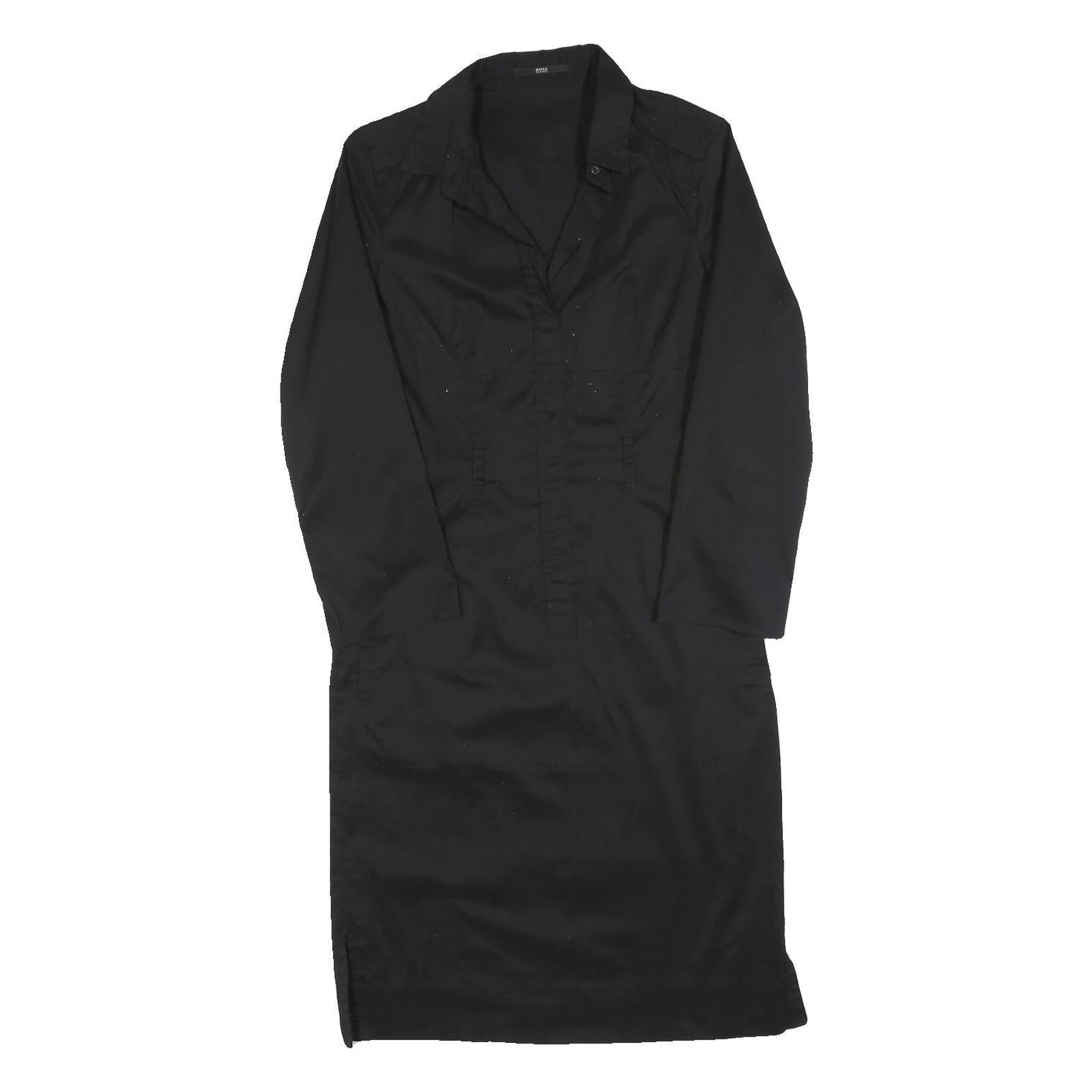 HUGO BOSS Womens Black Shirt Dress Cotton Blend Long Sleeve Knee Length S Formal