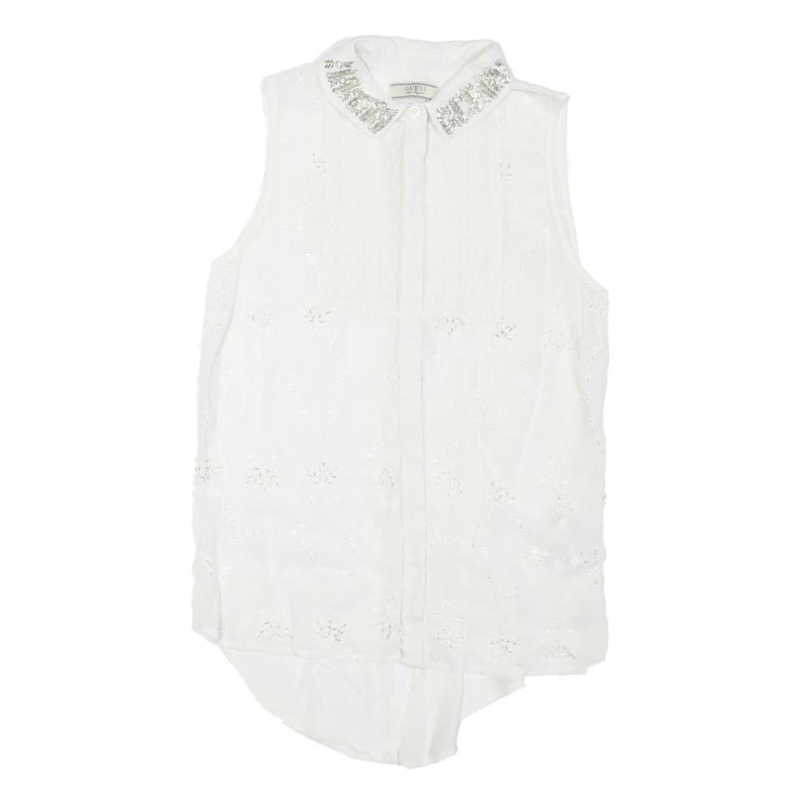 GUESS Womens White Sleeveless Shirt Collared Embellished Collar S Sleeveless