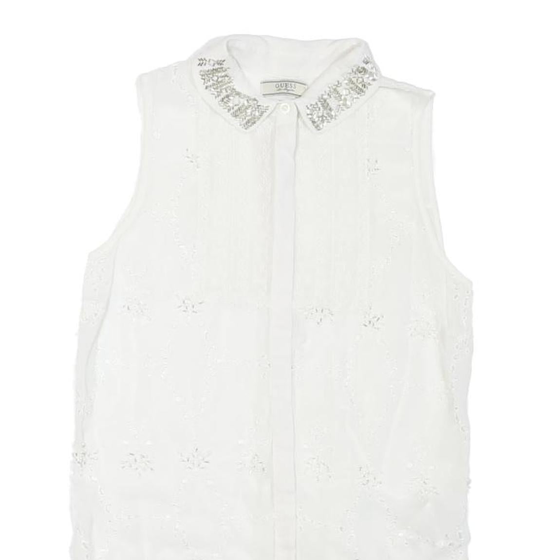GUESS Womens White Sleeveless Shirt Collared Embellished Collar S Sleeveless