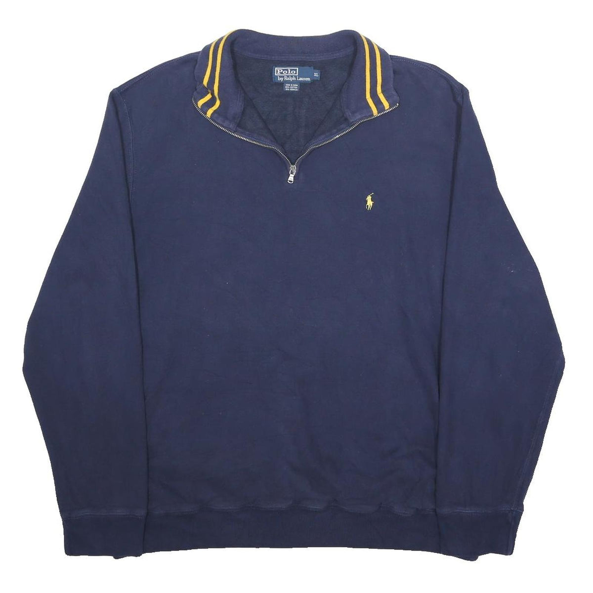 POLO RALPH LAUREN Mens Navy & Yellow 1/4 Zip XL Cotton Blend Sweatshirt