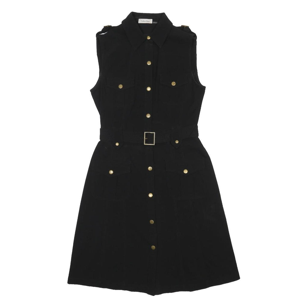 CALVIN KLEIN Womens Black Sleeveless Shirt Dress Polyester Blend Belted S